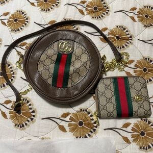 Brown and Beige Crossbody Bag and Wallet Set